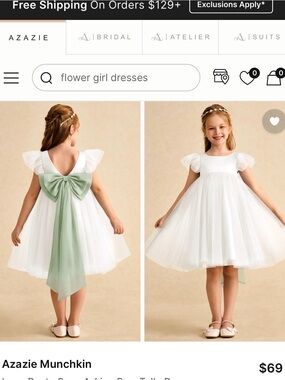 Azazie White Tulle Flower Girl Dress with Sage Bow